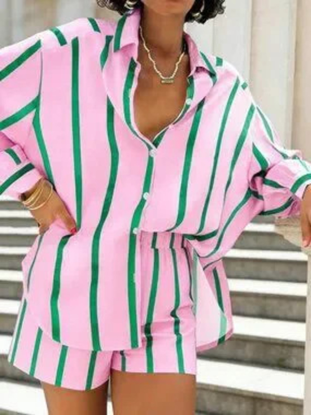 ZARA Pink Casual Women's Loose Drop Shoulder Long Sleeve Blouse & Shorts Set